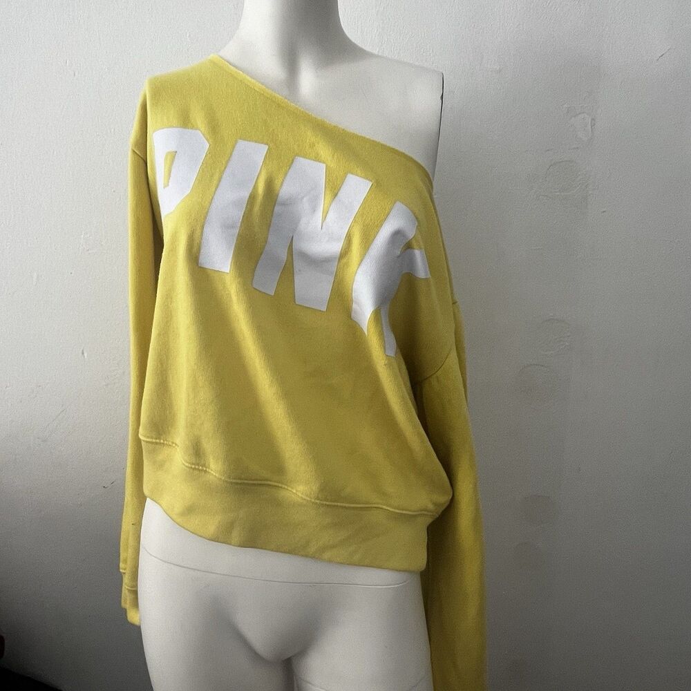 Victoria Secret Pink Sweater L Yellow Slouch Off the Shoulder Slouchy Statement